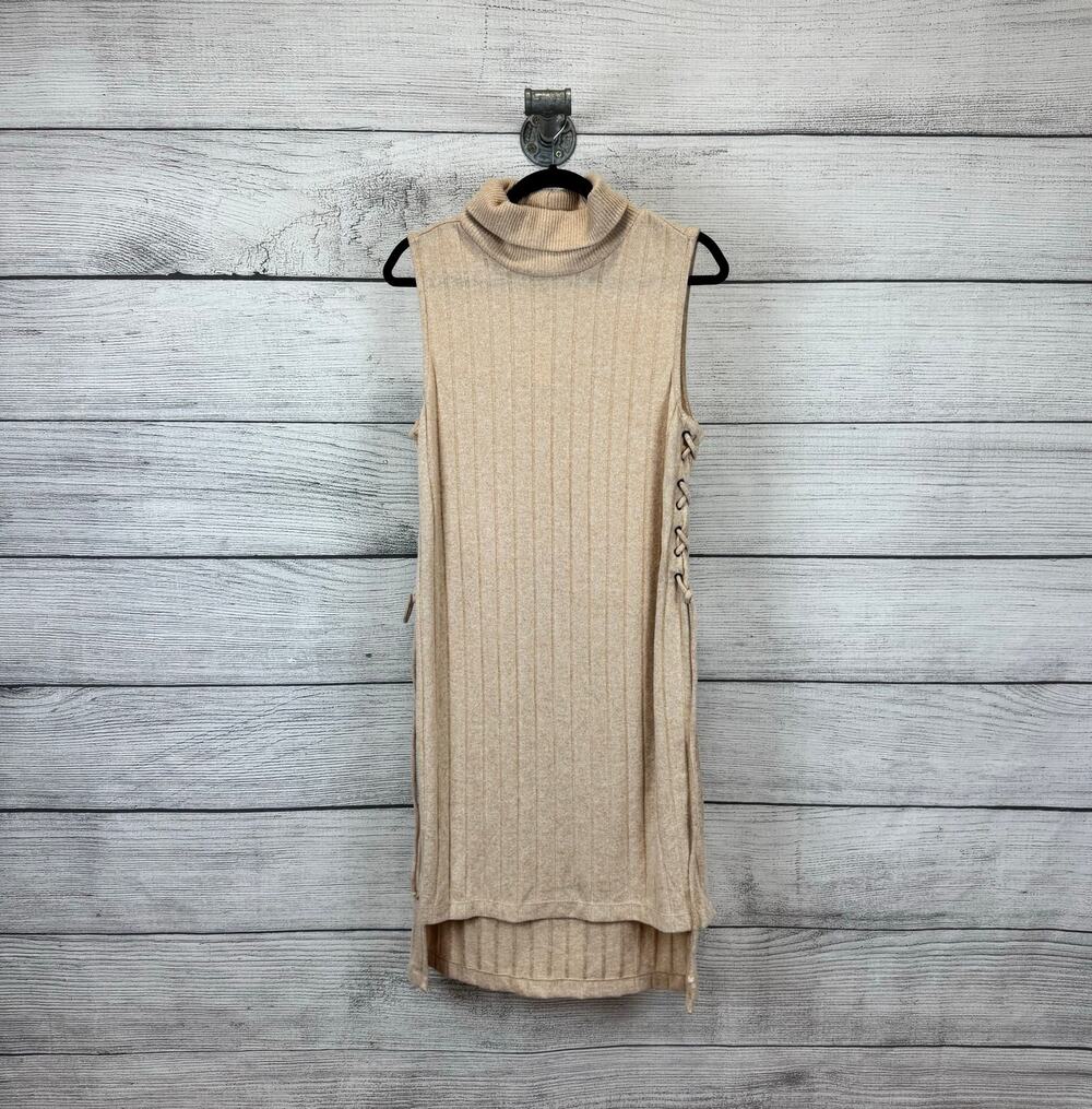 Anthropologie Women's Cream Ribbed Knit Turtleneck Sleeveless Sweater Top Medium